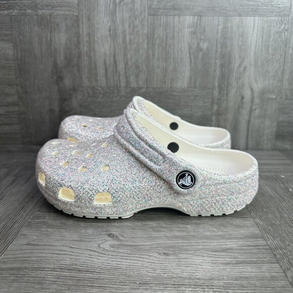 CROCS Classics Kids size 2 White Glittered Multicolored Clog - Picture 2 of 7